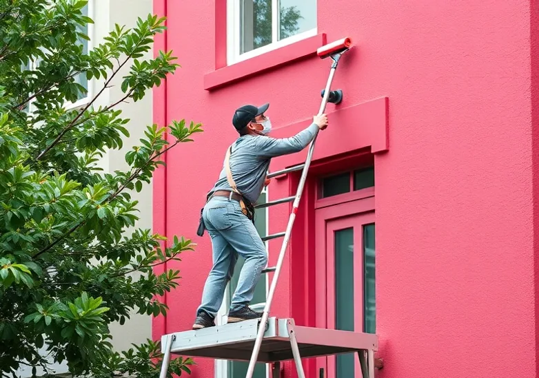 Peintre sur échafaudage traitant la façade d'une maison