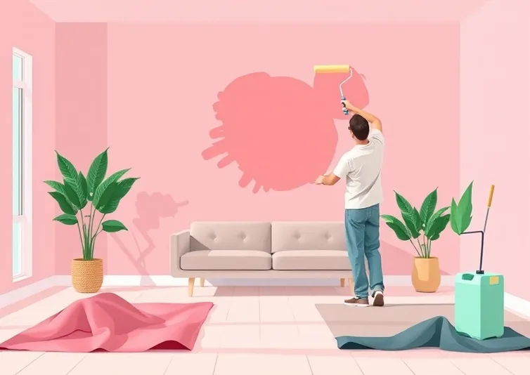 Peintre appliquant la peinture au rouleau sur un mur de salon